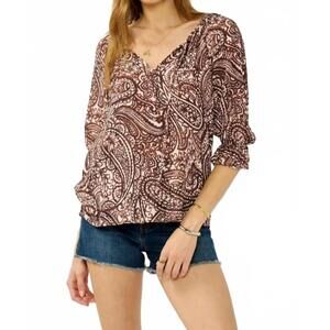 NEW MINT EXCLUSIVES smocked split neck blouse in brown paisley